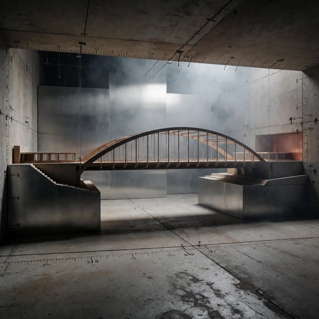 An architectural bridge study spanning two concrete supports, surrounded by measured construction marks.