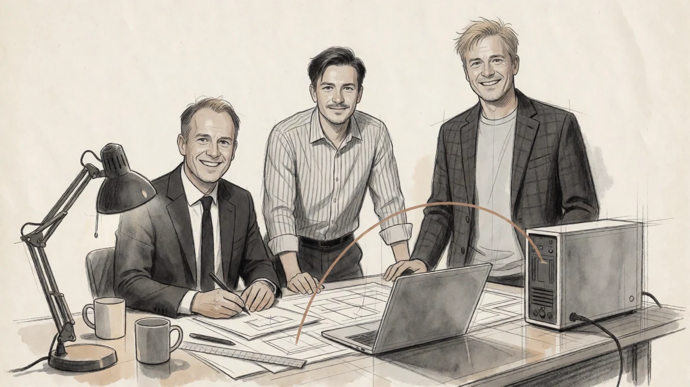 Hand-drawn scene of three men working around a table with a laptop, GPU workstation, engineering drawings, and a copper connection.
