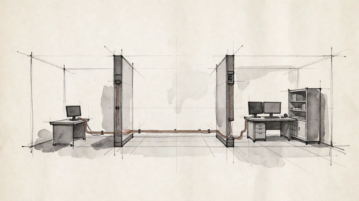Hand-drawn desk connected through customer-controlled network segments to a workstation and file storage.