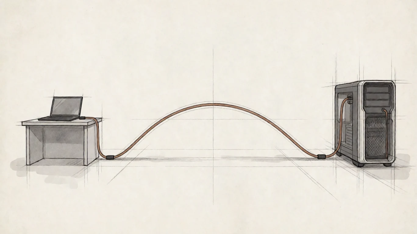 Hand-drawn laptop connected by one uninterrupted copper span directly to a single GPU workstation.