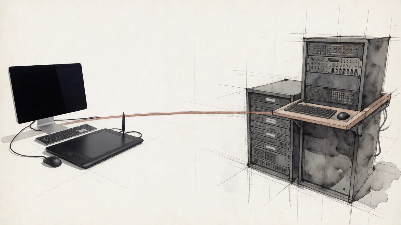 Architectural drawing of a creative desk connected to a fixed GPU workstation and storage.