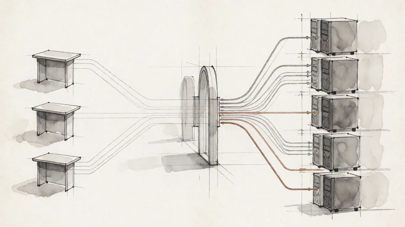 Hand-drawn topology with several Deck work surfaces converging on one customer gateway, then branching through a policy filter to an authorized subset of workstation resources.